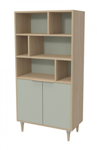 [MOBCE25-2P-Naturel-Vert Opale-Naturel-Naturel-Vert Opale-Naturel] BIBLIOTHEQUE BOIS CECILE 2 PORTES - 80 x 40 x Ht.160 cm